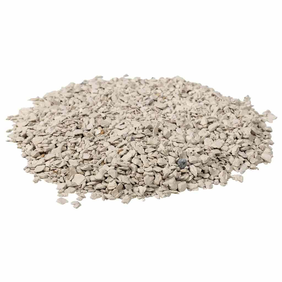 Un mucchio di piccoli ciottoli di colore chiaro. La ghiaia è una miscela di tonalità beige e grigie, con forme e consistenze irregolari.