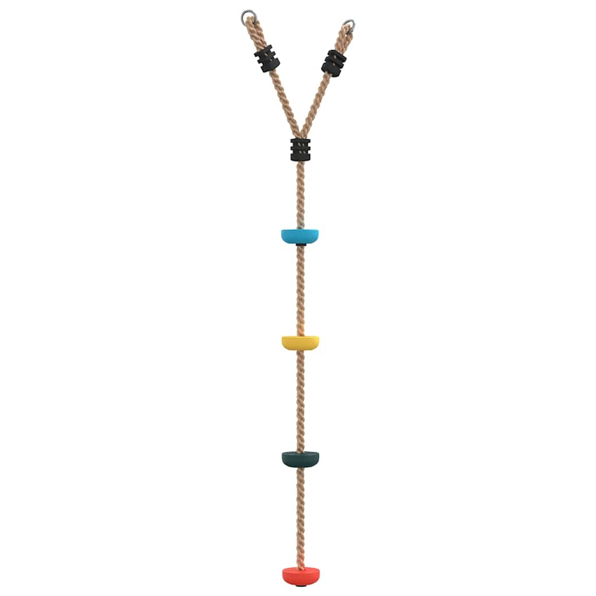 Ein Kletterseil mit farbigen Fußstützen. Blaue, gelbe, grüne und rote Fußstützen sind sichtbar. Das Seil ist beige mit Metallringen.