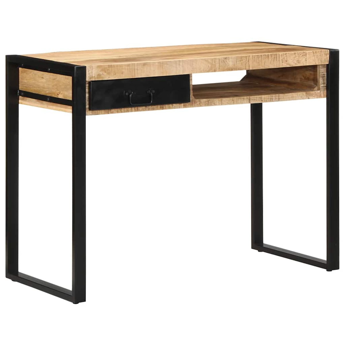 Ein Holztisch mit Schublade und offenem Regal. Er hat schwarze Metallbeine. Der Tisch steht auf weißem Hintergrund.