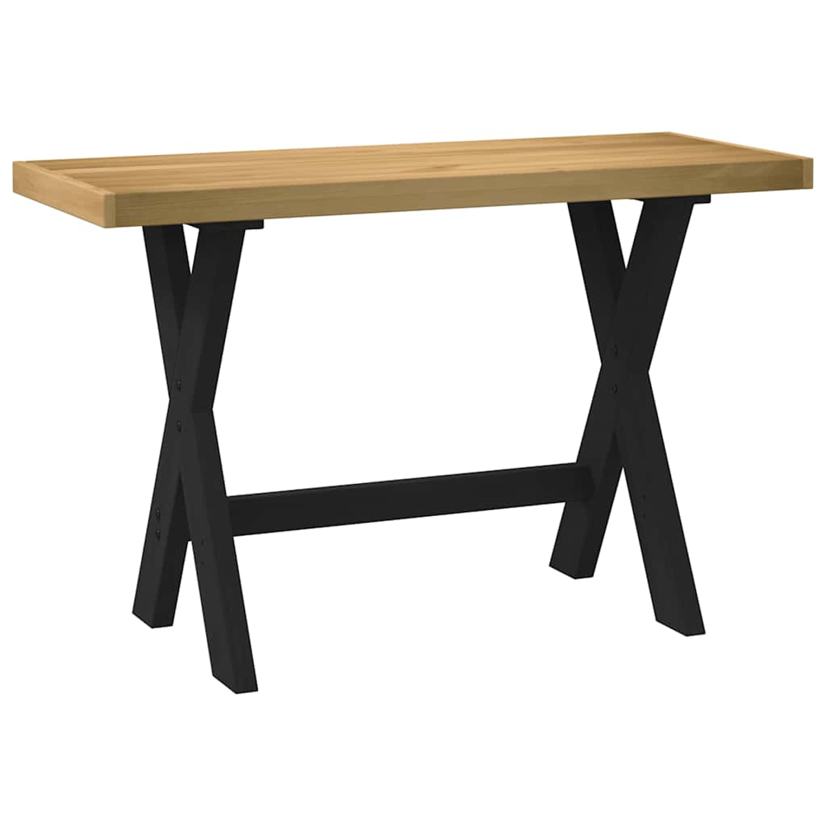 Ein Holztisch mit hellbrauner Tischplatte und schwarzen X-förmigen Beinen. Der Tisch ist rechteckig und steht vor weißem Hintergrund.