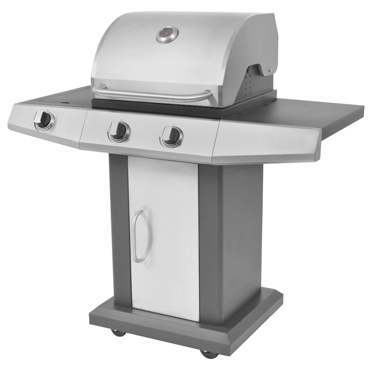Ein Gasgrill aus Edelstahl mit Deckel, Knöpfen und einer Seitenablage. Er hat eine Tür und steht auf Rädern.