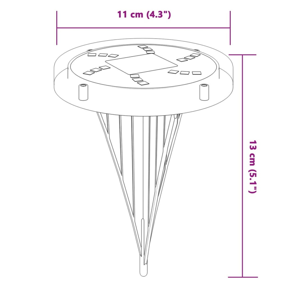 Diagramm einer Solar-Gartenleuchte. Sie hat eine runde Oberseite mit Details und eine konische Basis mit vertikalen Linien. Abmessungen sind angegeben.