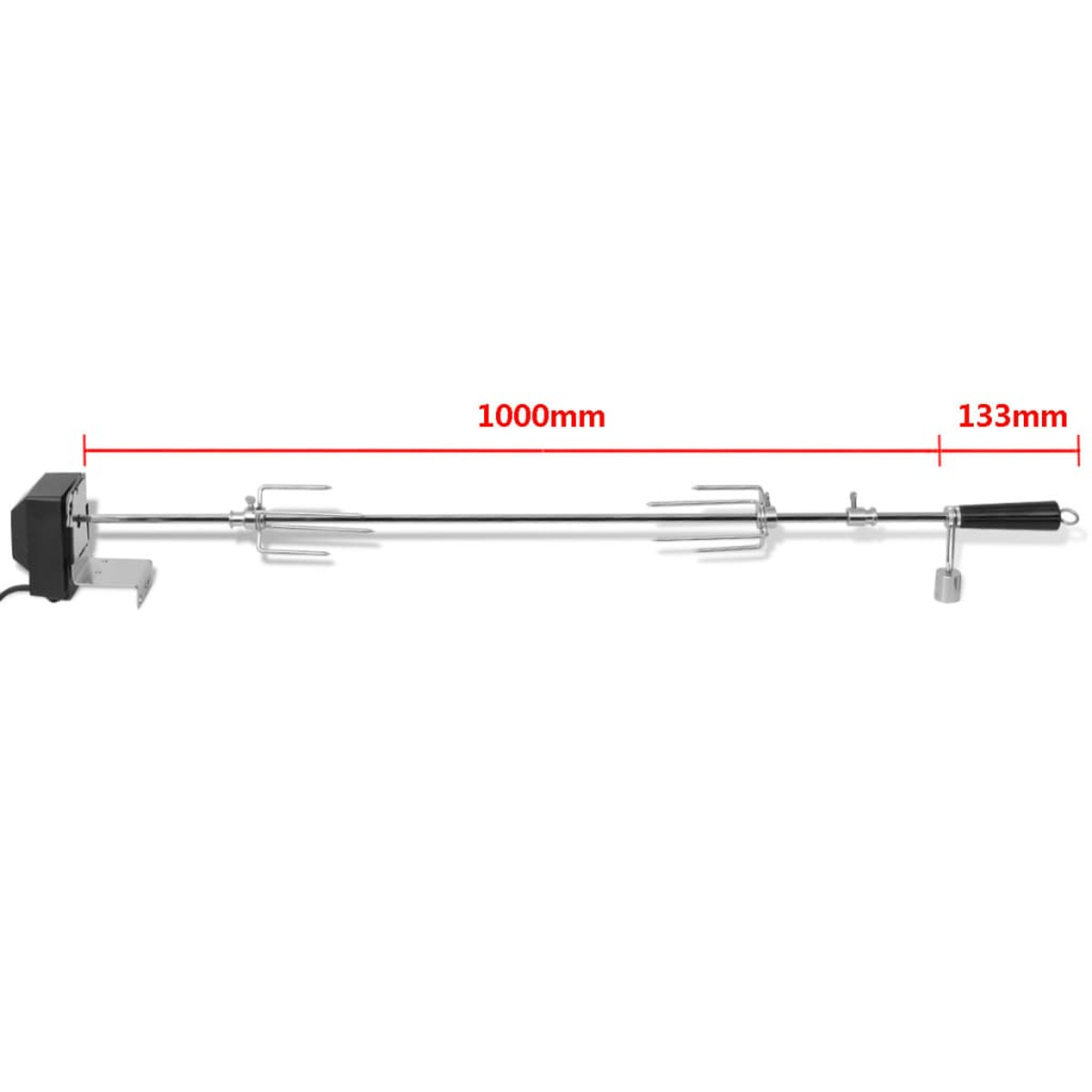 Ein Edelstahl-Drehspieß mit schwarzem Motor und Griff. Abmessungen sind markiert: 1000 mm und 133 mm.