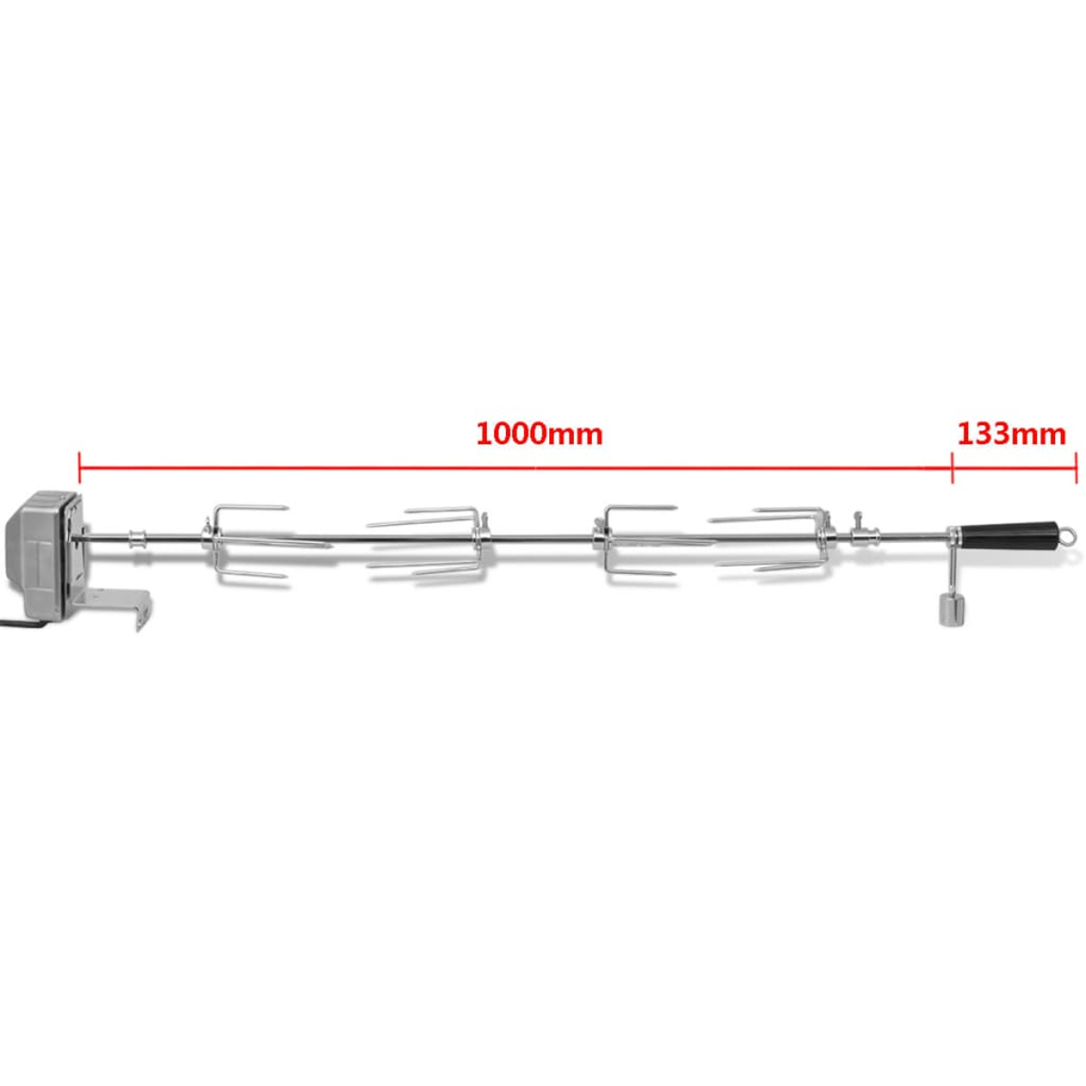 Ein Metall-Spieß mit Gabeln. Es hat einen Motor links und einen Griff rechts. Abmessungen sind angegeben.