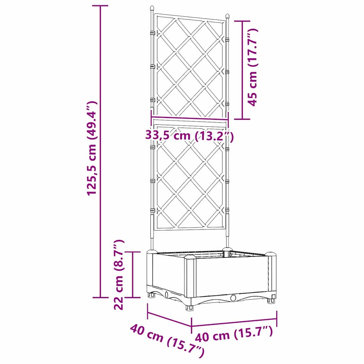 Diagramma di una fioriera in legno con traliccio. Le dimensioni sono indicate in cm e pollici, mostrando le misure di altezza e larghezza.