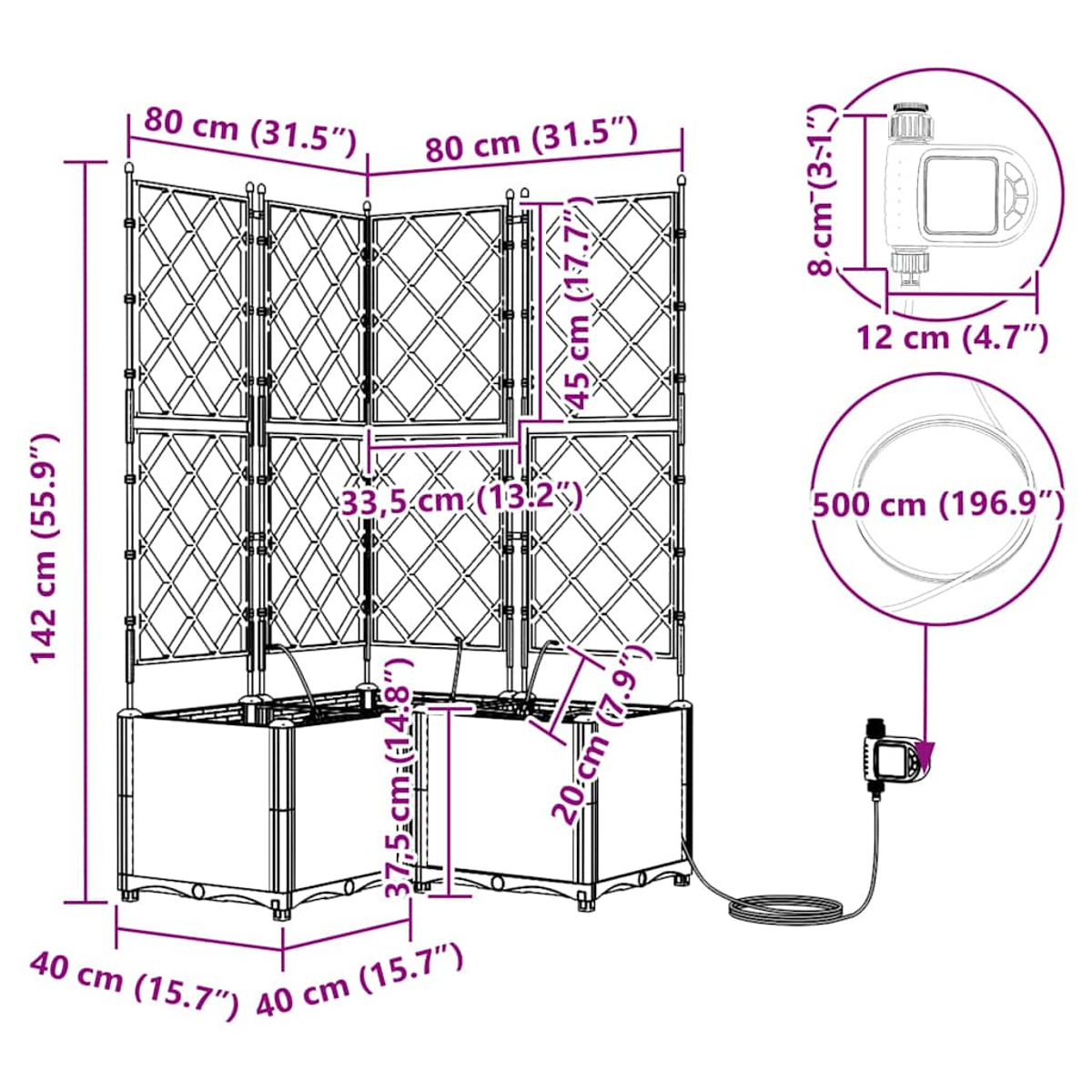 Diagramma di un traliccio in legno con misure in cm e pollici. Include un timer, un tubo e le dimensioni di tutti i componenti.