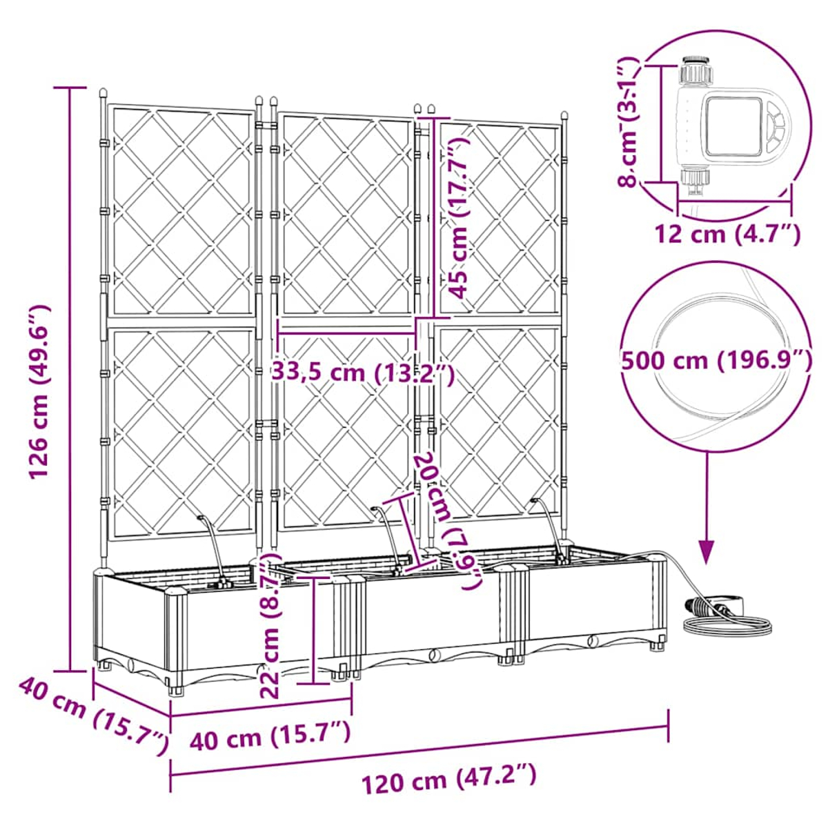Diagramma di una fioriera in legno con traliccio. Dimensioni: altezza 126 cm, larghezza 120 cm. Anche un timer e un tubo.