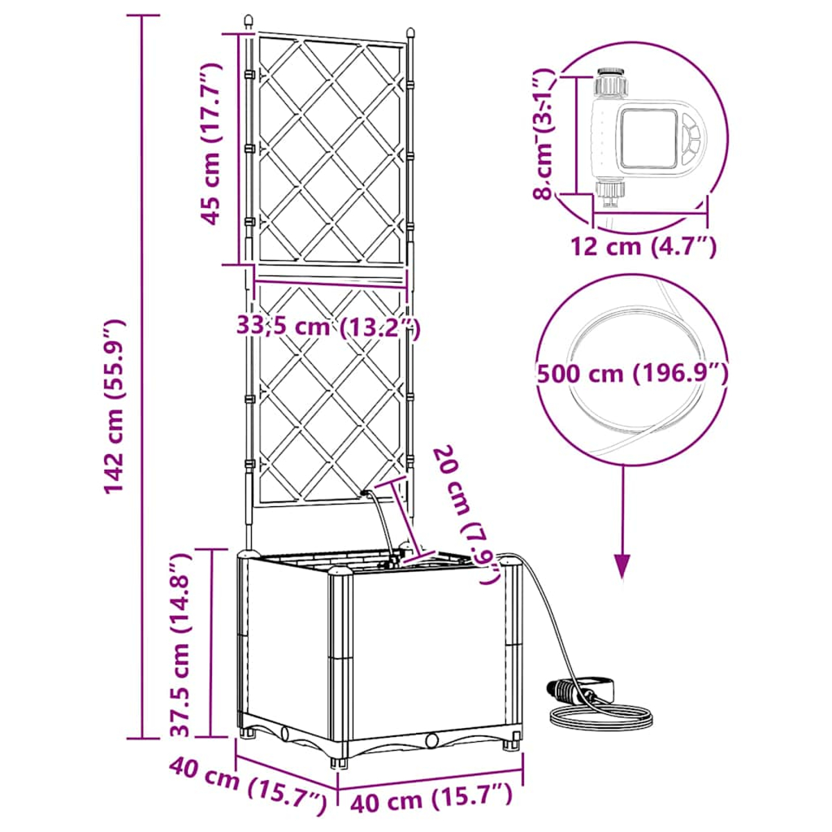 Diagramma di una fioriera con traliccio, dimensioni etichettate e un timer di irrigazione. Include un tubo e un raccordo per l'acqua.