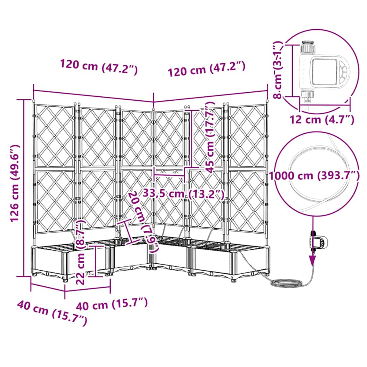 Diagramma di un traliccio da giardino con misure. Mostra una disposizione angolare con fioriere e un timer per l'acqua con tubi.