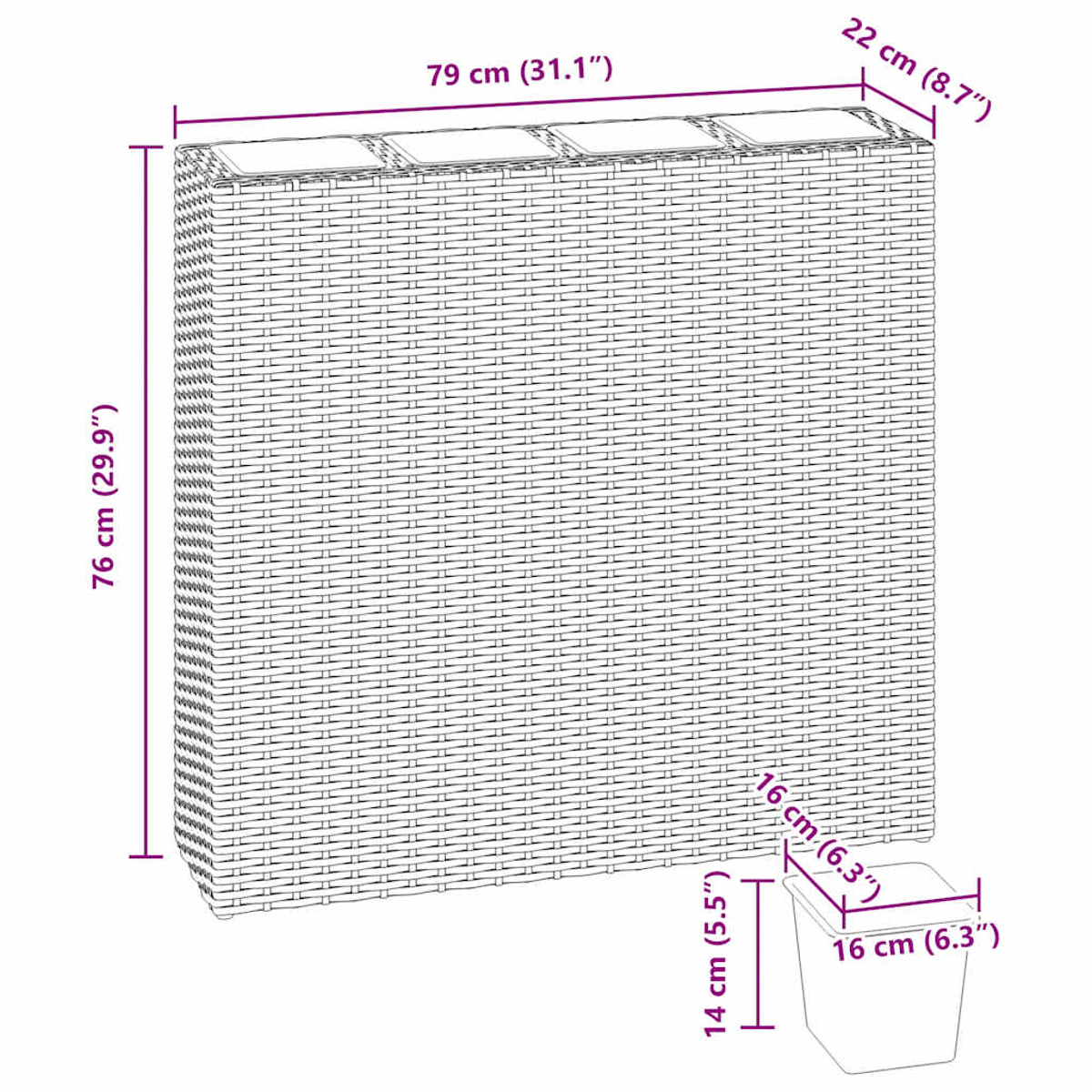 Ein rechteckiger Pflanzkübel im Flechtstil mit Maßangaben und ein kleiner Topf. Der Pflanzkübel ist 79 cm breit und 76 cm hoch.