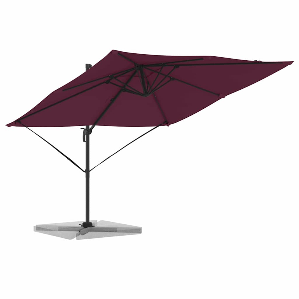 Un ombrellone da patio bordeaux con tetto quadrato. Ha un palo nero e bracci di supporto. La base è grigio chiaro e lo sfondo è bianco.