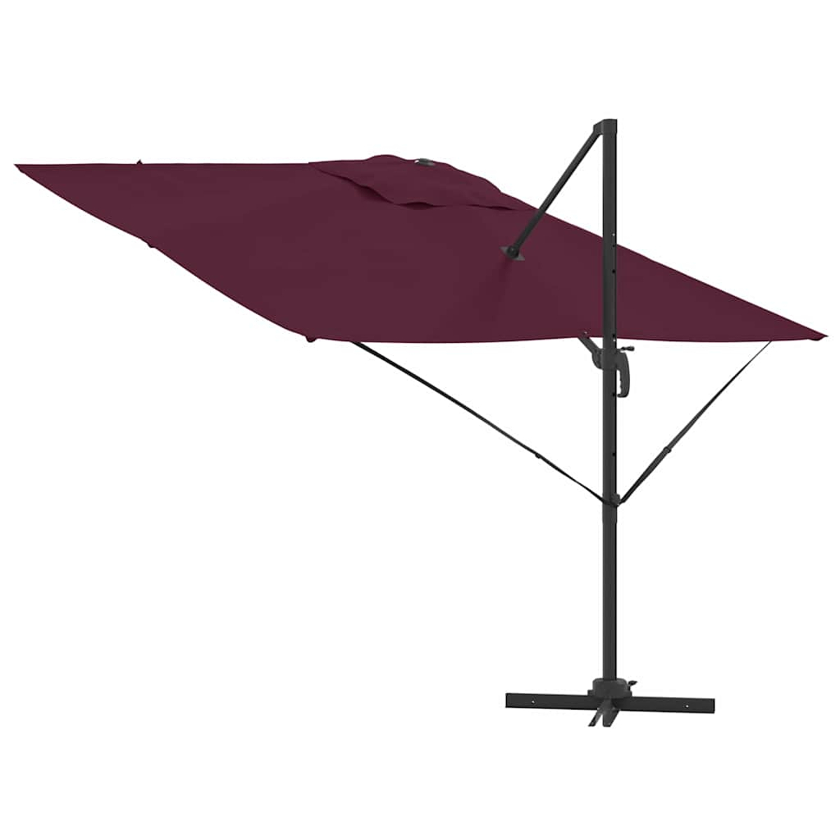 Un grande ombrellone da patio bordeaux con telaio in metallo nero. È aperto, con una copertura rettangolare. La base è nera.