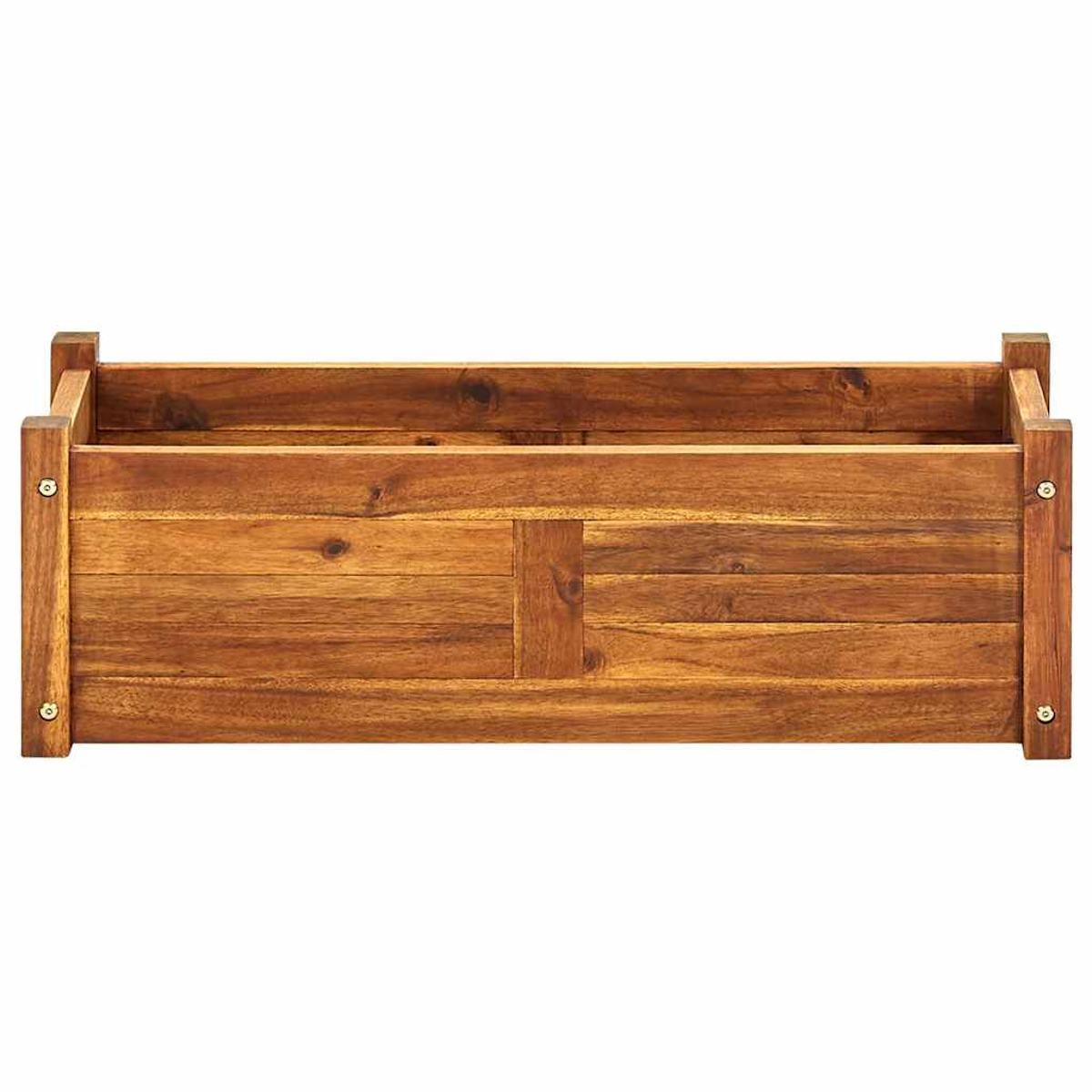 Ein rechteckiger Pflanzkasten aus Holz, aus Brettern gefertigt. Das Holz hat eine warme braune Farbe. Vier Eckpfosten stützen die Struktur.
