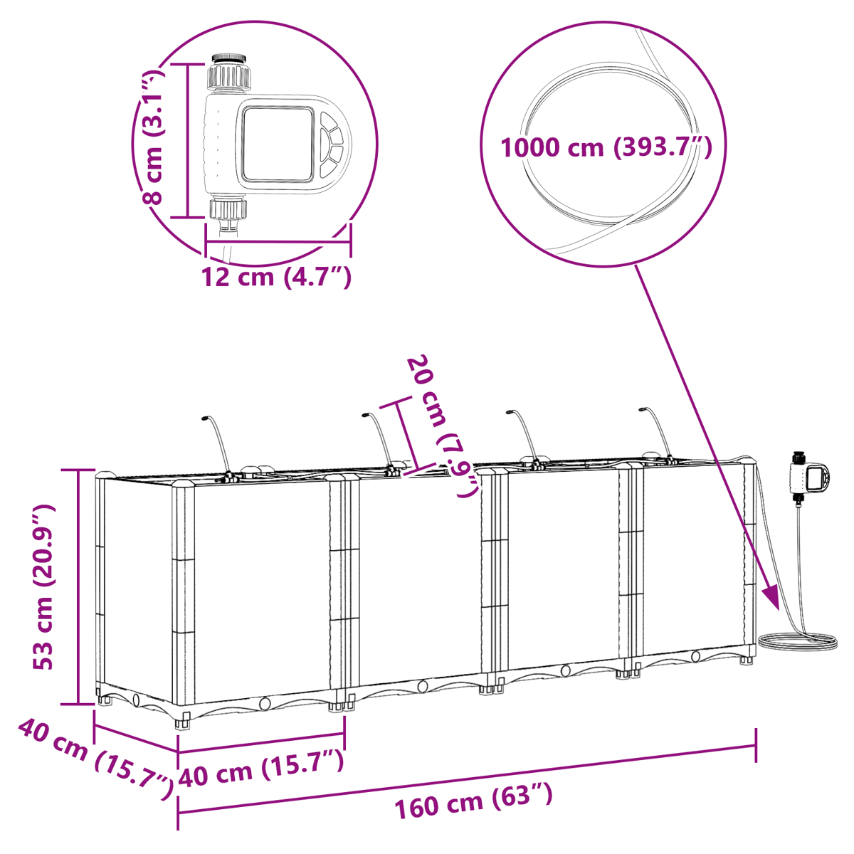 Diagramm eines rechteckigen Behälters mit Maßangaben, zusammen mit einem Wasserzeitschalter, Schläuchen und anderen Komponenten.
