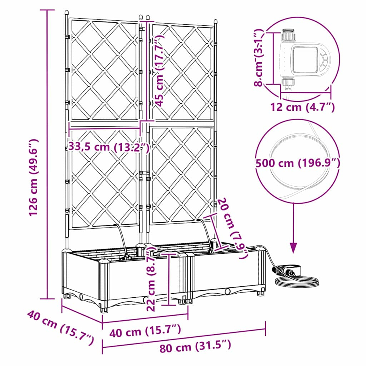 Diagramm eines Pflanzkastens mit Spalier, Maße beschriftet. Enthält einen Timer und einen Schlauch mit Messungen. Der Pflanzkasten ist rechteckig und zweigeteilt.