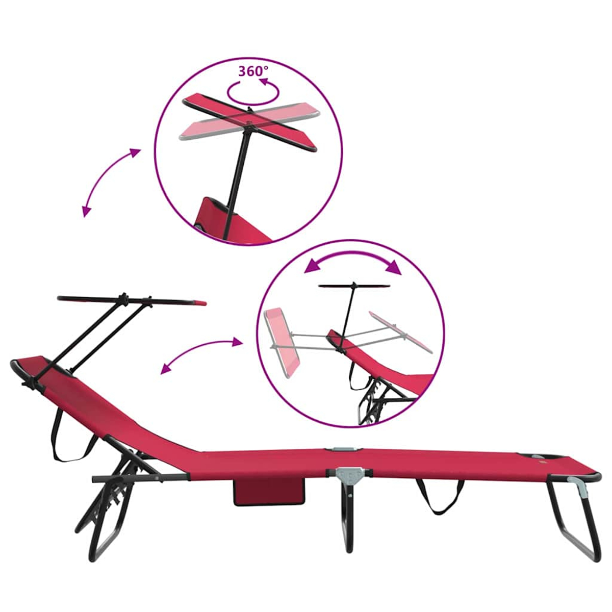 Ein roter Klapp-Strandstuhl mit Sonnenschutz. Zwei Kreise zeigen die 360-Grad- und Neigungsverstellbarkeit.