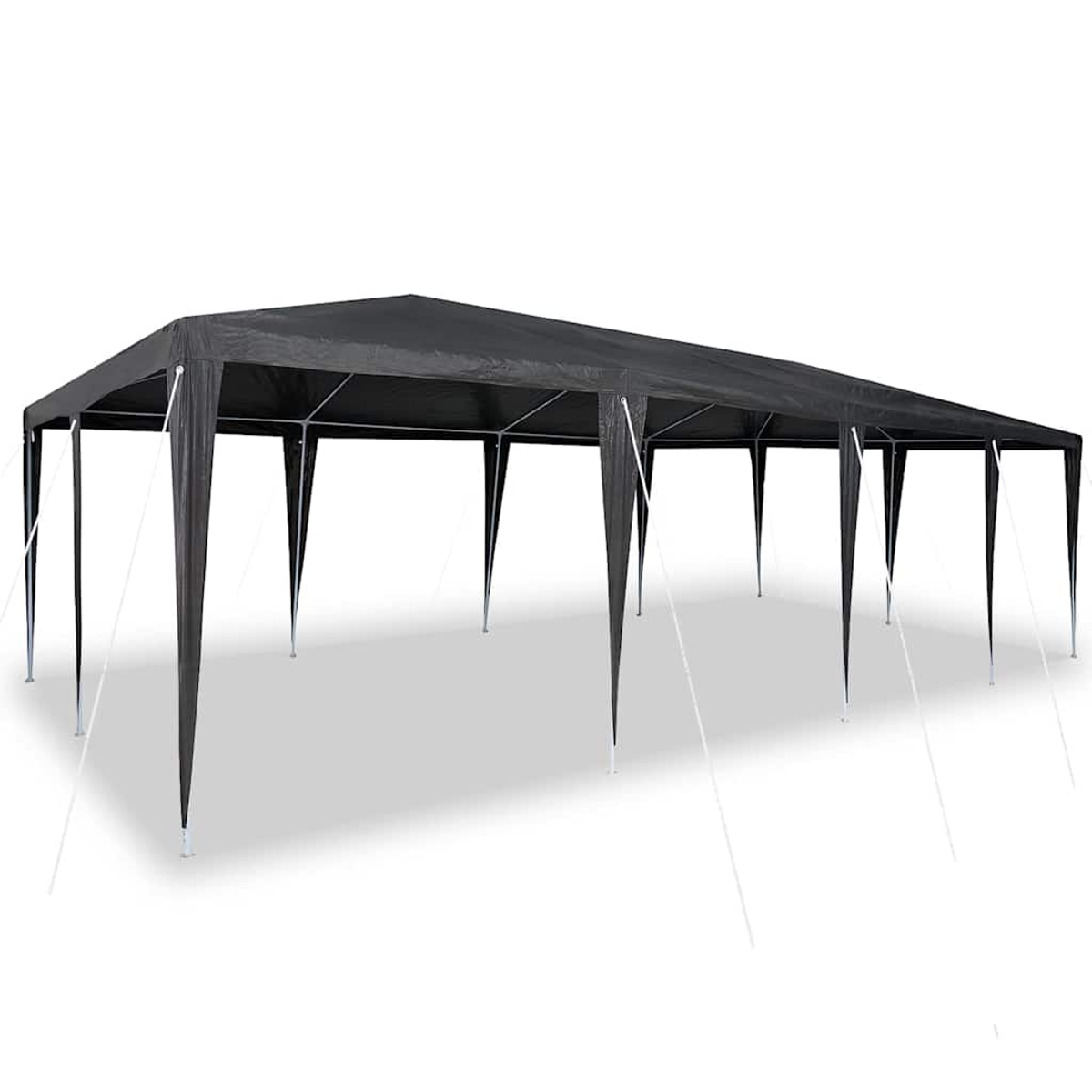 Una tenda da sole nera su sfondo bianco. La tenda ha una forma rettangolare, sostenuta da pali e tiranti.