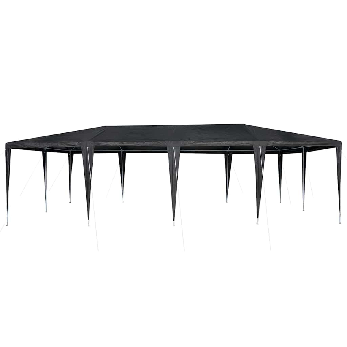 Una grande tenda nera su sfondo bianco. La tenda ha forma rettangolare e molti pali di sostegno.