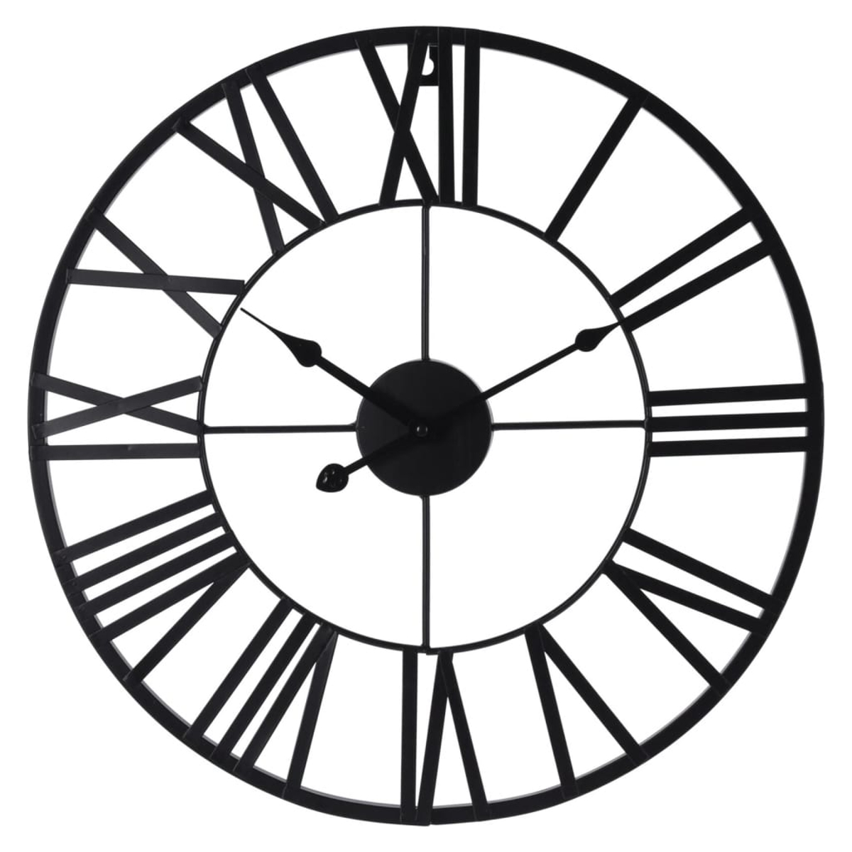 Eine schwarze, runde Uhr mit römischen Ziffern. Sie hat ein schwarzes Zifferblatt, schwarze Zeiger und einen schwarzen Rahmen. Der Hintergrund ist weiß.