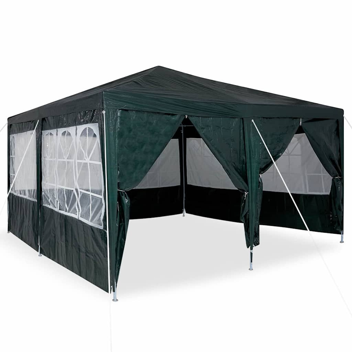 Un gazebo verde scuro con finestre con cornice bianca e lati aperti. Il tetto è a punta. Lo sfondo è bianco.
