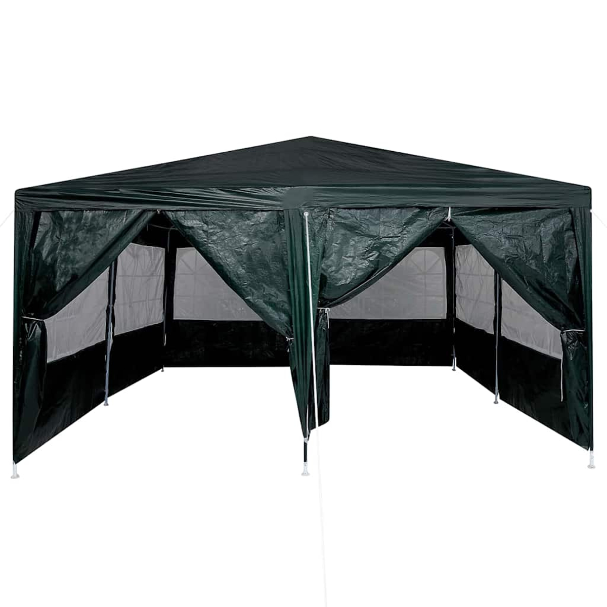 Una tenda a baldacchino verde scuro è allestita. La tenda ha lati aperti con pannelli bianchi. La tenda è su sfondo bianco.