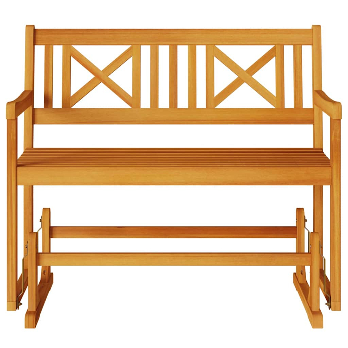 Panca a dondolo in legno con seduta e schienale a doghe, braccioli e decorazioni a forma di X sullo schienale.