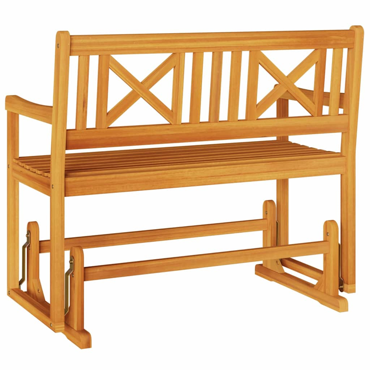 Una panca in legno per esterni con schienale a forma di X e braccioli. La panca è in legno marrone chiaro, con seduta a doghe.