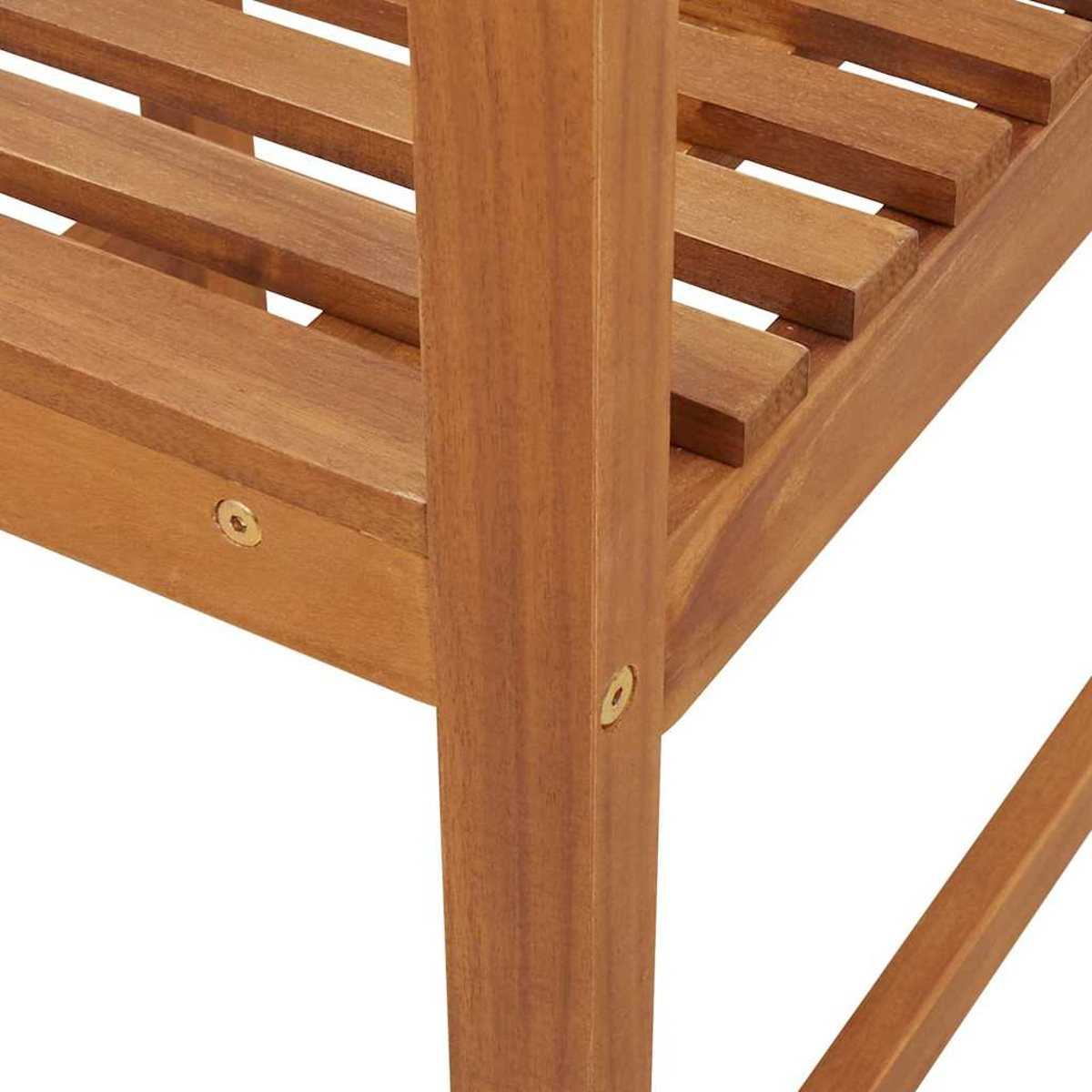 Nahaufnahme eines hölzernen Regals mit Lamellen und Bein. Das Holz ist hellbraun mit sichtbarer Maserung. Schrauben sichern das Regal.