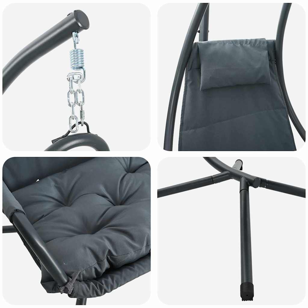 Grauer Schaukelstuhl mit gepolsterter Sitzfläche und Rückenlehne. Metallrahmen mit Ketten- und Federaufhängung. Nahaufnahmedetails.