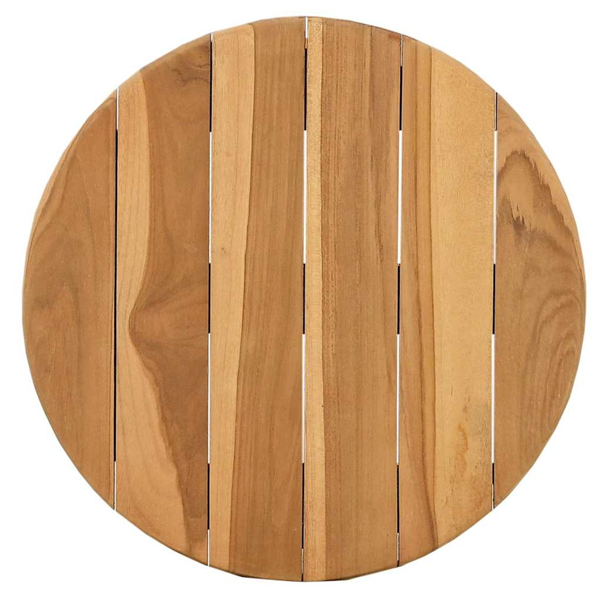 Eine runde Tischplatte aus Holz mit vertikalen Holzbrettern in verschiedenen Braun- und Beigetönen, mit schmalen Lücken dazwischen.