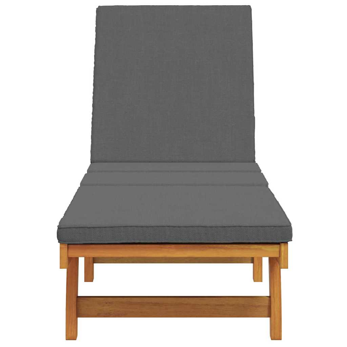 Eine graue, gepolsterte Outdoor-Liege aus Holz. Sie hat eine hohe Rückenlehne und einen bequemen Sitz.