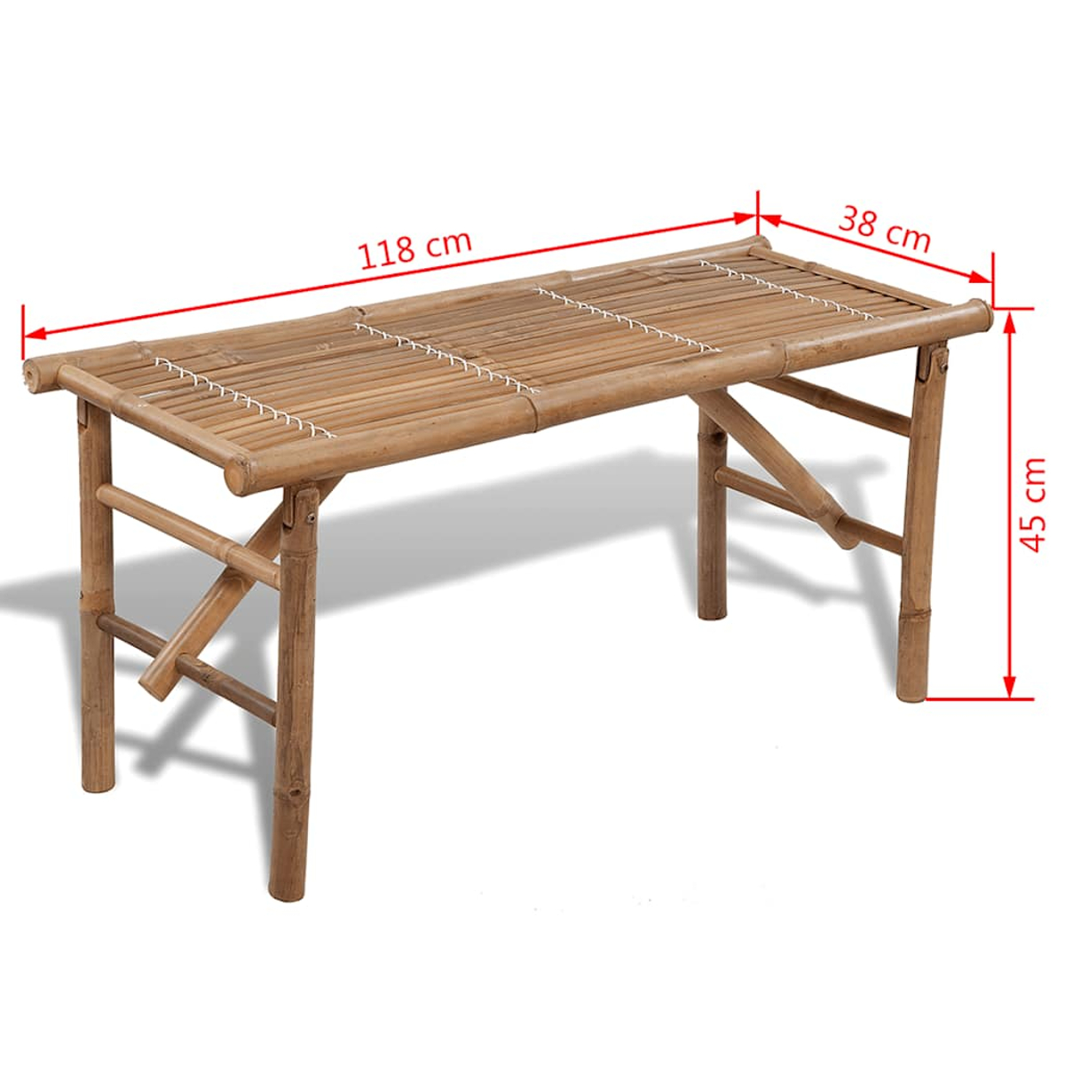 Eine Bambusbank mit den angegebenen Abmessungen: 118 cm lang, 38 cm breit und 45 cm hoch. Sie hat einen Schatten.