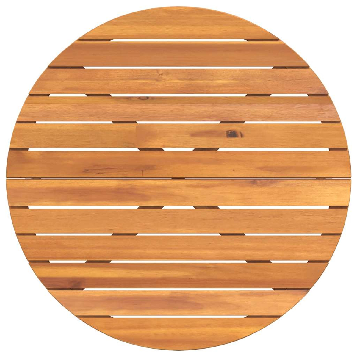 Draufsicht auf einen runden Holztisch. Er besteht aus horizontalen Holzlatten, hat eine hellbraune Farbe und einen weißen Hintergrund.