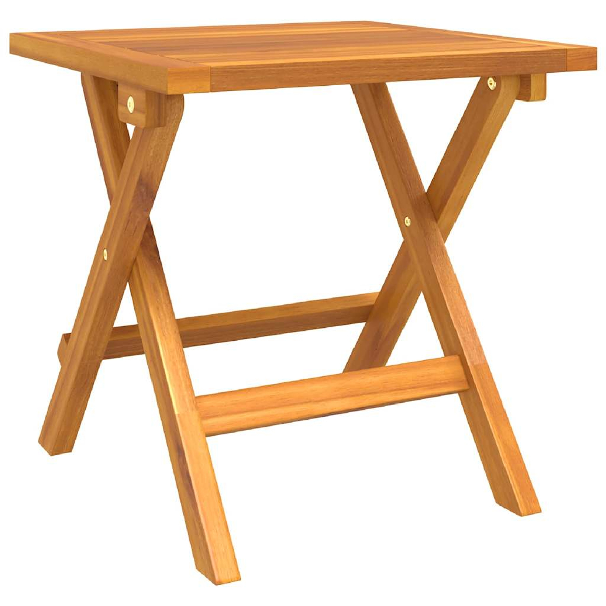 Ein kleiner, zusammenklappbarer Holztisch. Der Tisch hat eine quadratische Platte und X-förmige Beine. Er ist hellbraun und sieht neu aus.