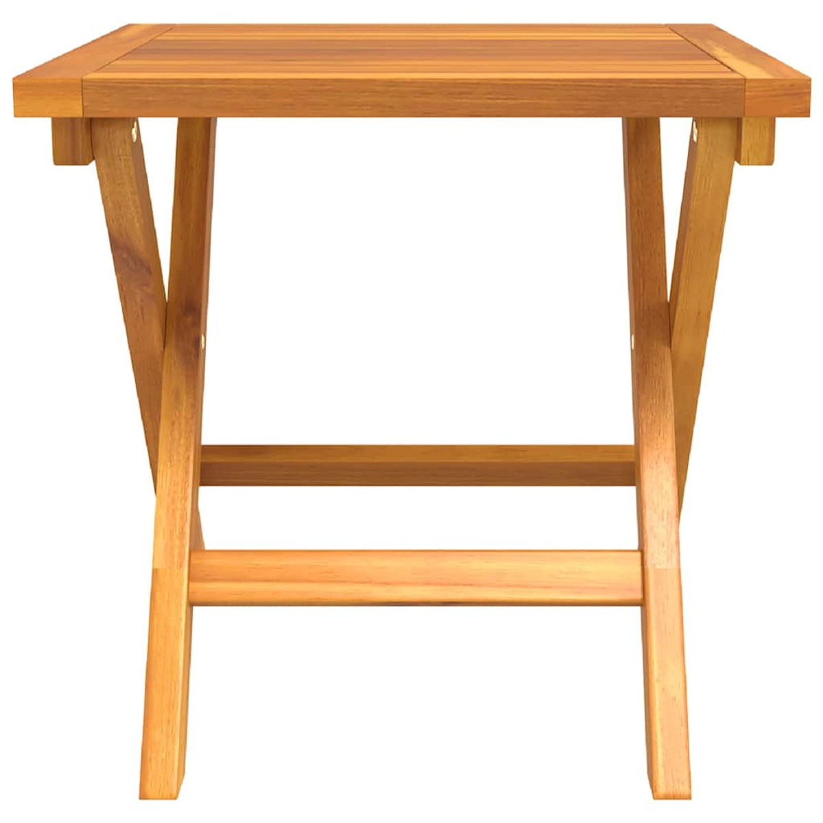 Ein quadratischer Holztisch mit Klappbeinen. Der Tisch ist aus hellbraunem Holz gefertigt. Die Beine sind abgewinkelt und durch horizontale Stützen verbunden.