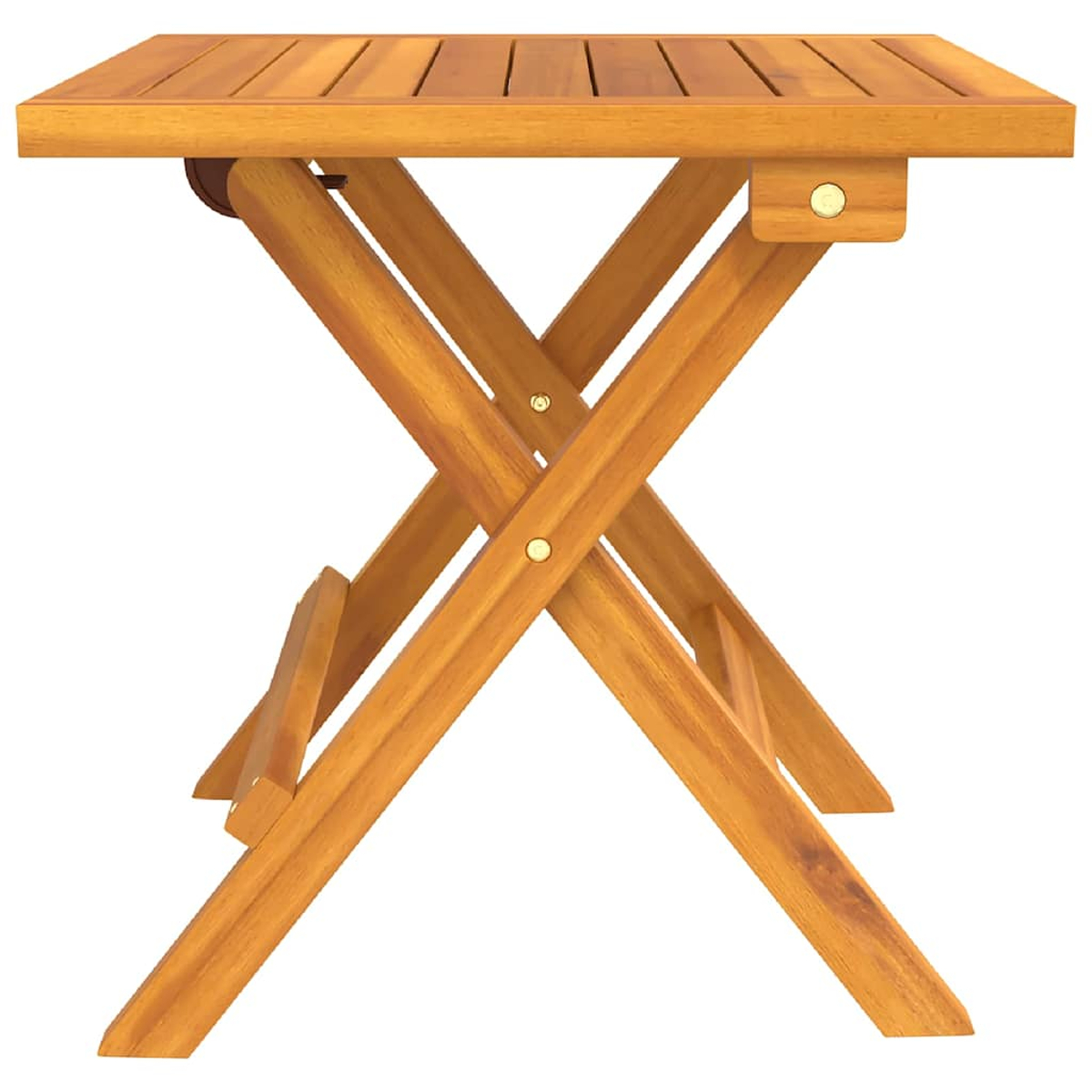 Ein klappbarer Holztisch. Die Tischplatte ist quadratisch mit Holzlatten. Die Beine bilden ein X, ebenfalls aus Holz, mit Messingfarbenen Verschlüssen.