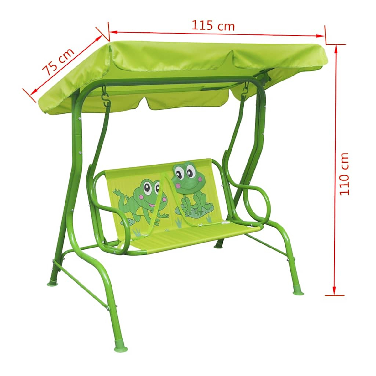 Ein grünes Schaukelgerüst mit Froschillustrationen. Es hat ein Verdeck und misst 115 cm Breite, 75 cm Tiefe und 110 cm Höhe.