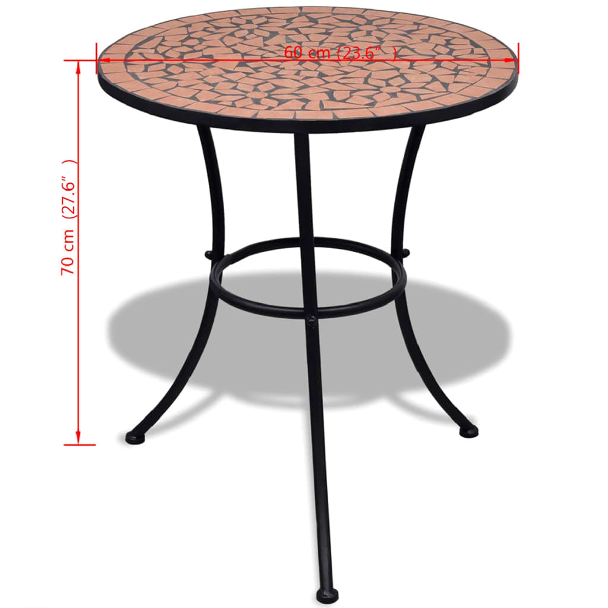 Ein runder Mosaiktisch mit schwarzen Metallbeinen. Der Tisch ist 70 cm hoch und 60 cm breit.