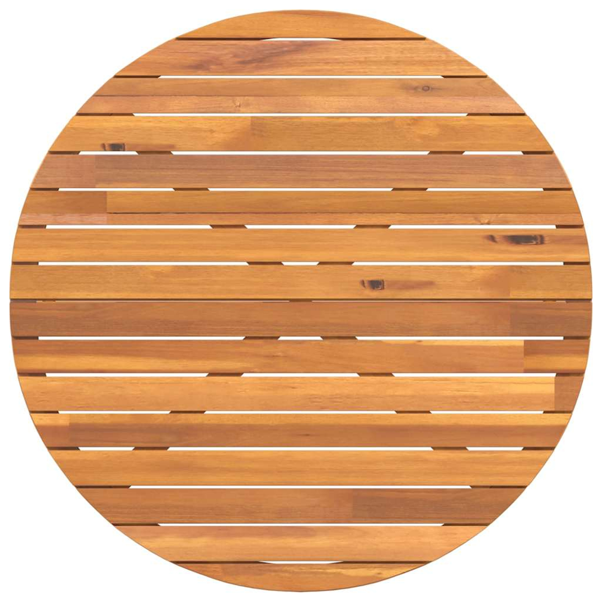 Draufsicht auf einen runden Holztisch mit horizontalen Holzlatten. Das Holz hat eine warme, hellbraune Farbe. Der Hintergrund ist weiß.
