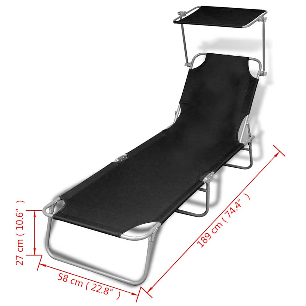 Ein schwarzer und silberner Strandstuhl mit Sonnenschutz. Maße sind angegeben: 189 cm lang, 58 cm breit und 27 cm hoch.