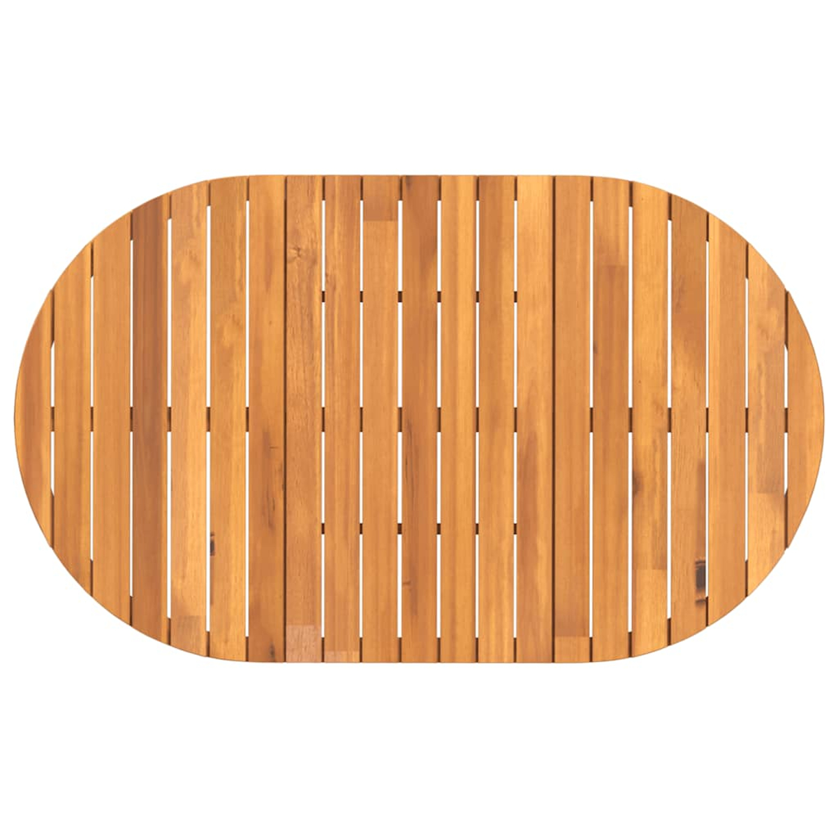 Draufsicht auf einen ovalen Holztisch. Der Tisch besteht aus vertikalen Holzplanken in hellbrauner Farbe auf weißem Hintergrund.
