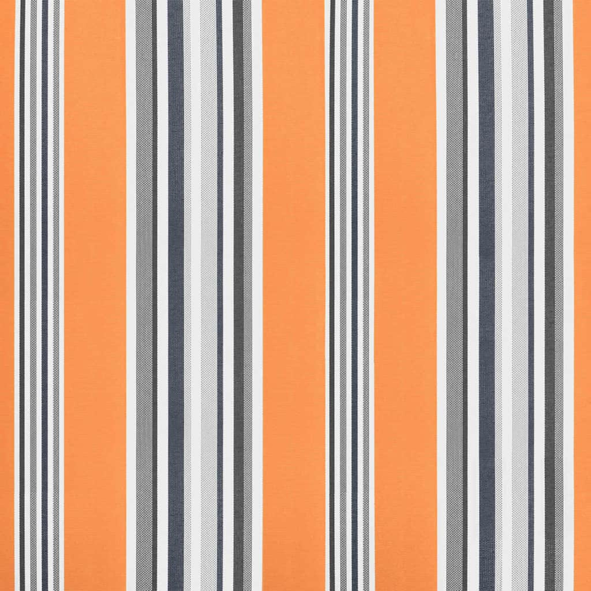 Vertikales Streifenmuster. Abwechselnd orange, weiße, graue und marineblaue Streifen erzeugen ein strukturiertes Stoffdesign. Die Streifen sind gleichmäßig angeordnet.