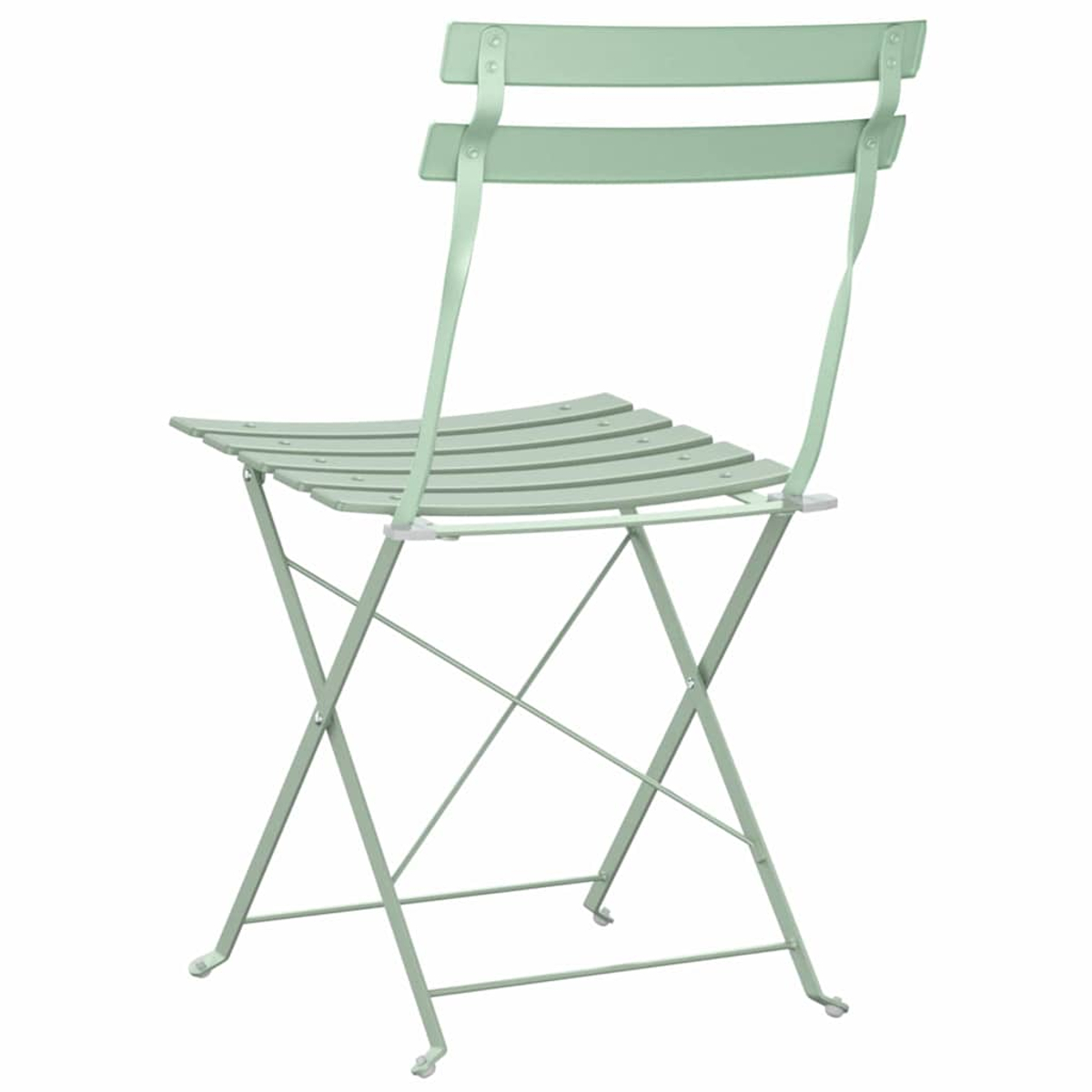 Ein hellgrüner Klappstuhl mit Lattenrost und Rückenlehne. Der Stuhl ist aus Metall und hat ein minimalistisches Design.