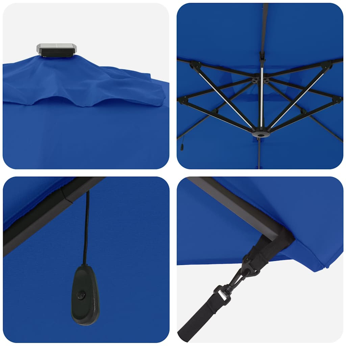 Ombrello blu con pannello solare in alto, struttura in metallo e manico nero. Cinturino nero con fibbia.