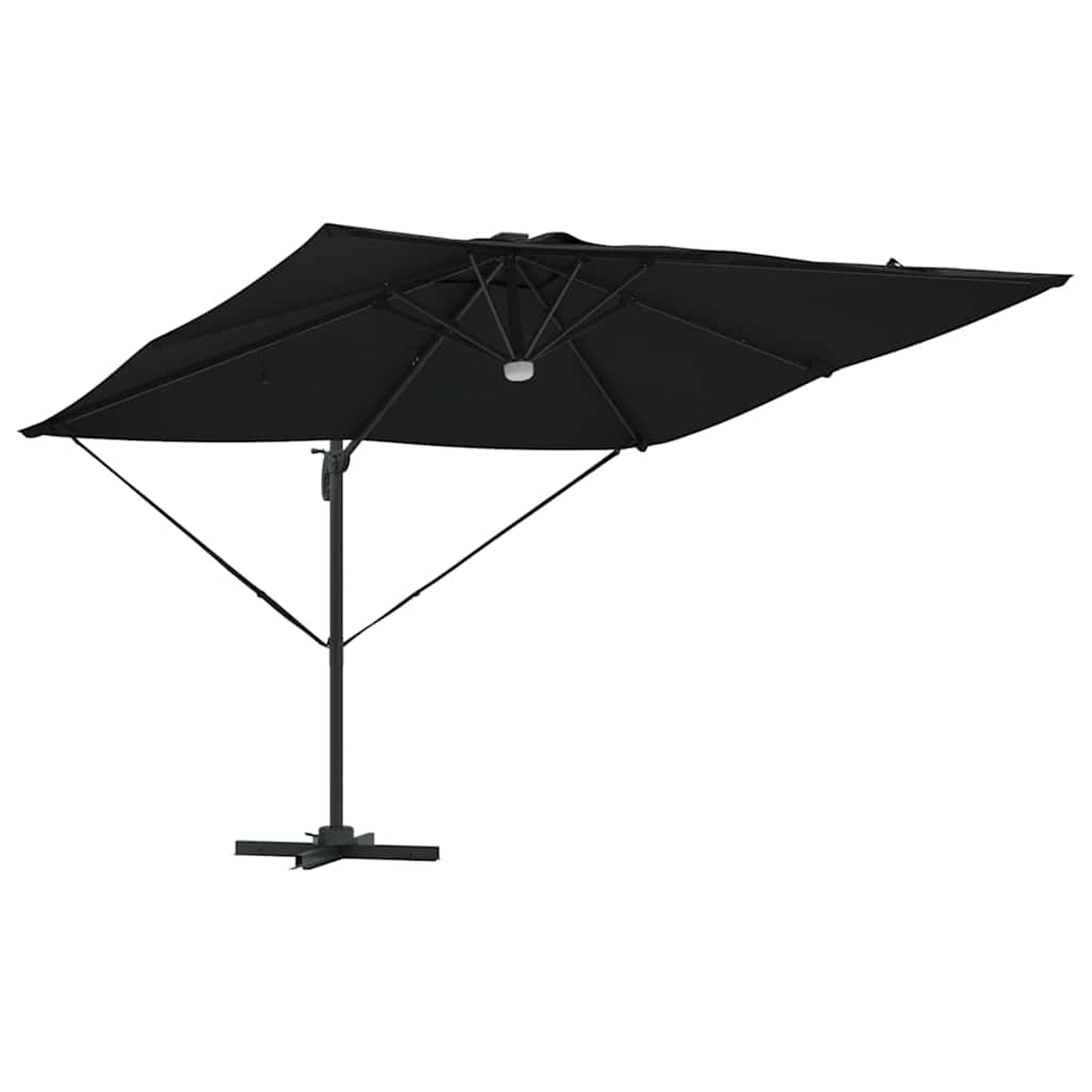 Un ombrellone quadrato nero è centrato. Ha un palo e un telaio neri e si trova su uno sfondo bianco.