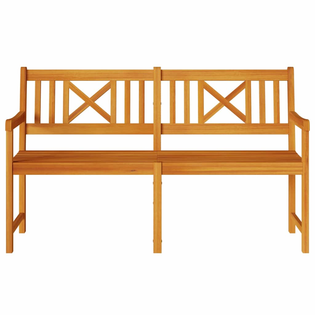Un banco de madera con reposabrazos, respaldo y un diseño en forma de X en la parte posterior. Está hecho de madera marrón claro.