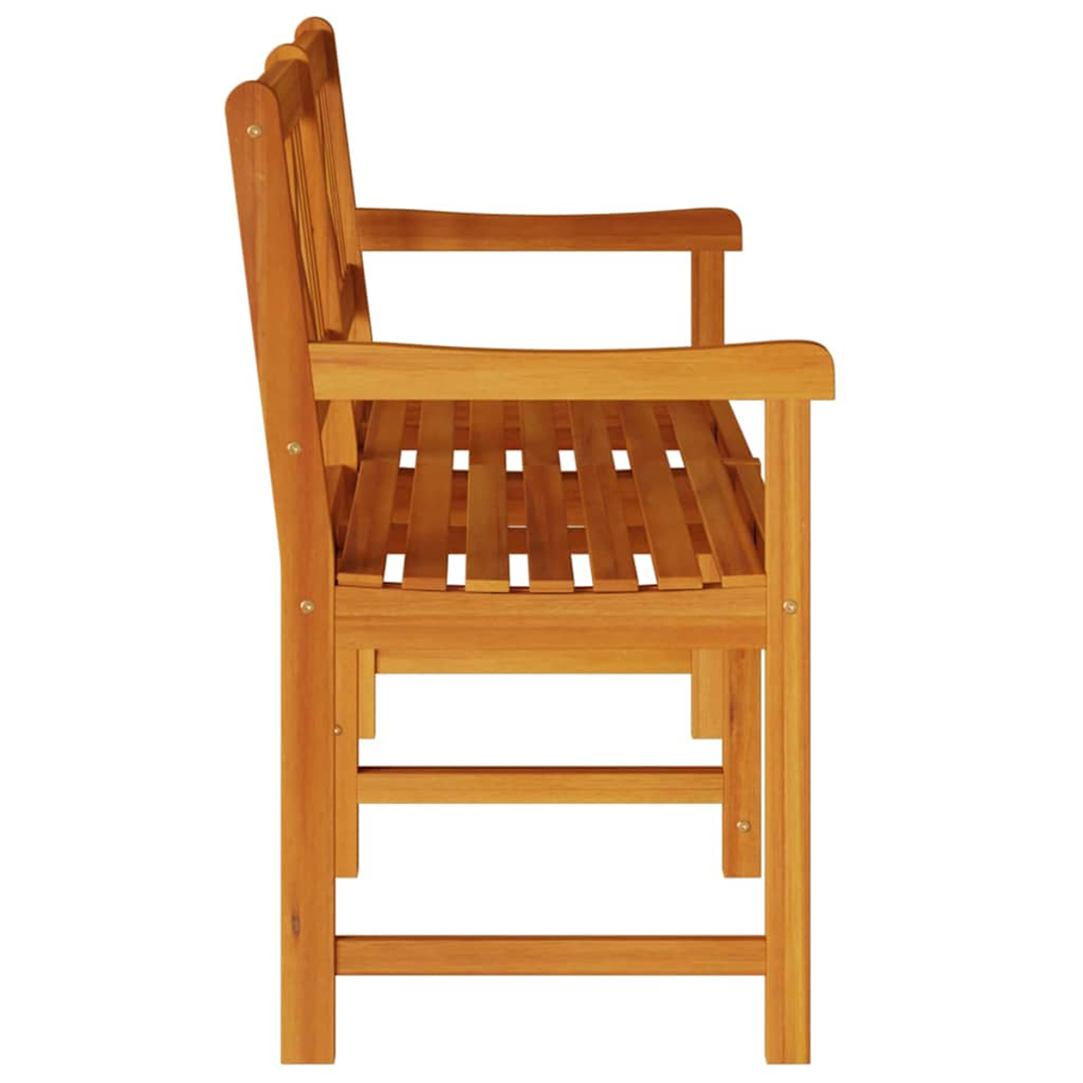 Banco de madera, vista lateral, sobre fondo blanco. Tiene asiento de listones, apoyabrazos y respaldo curvo. La madera es marrón claro.