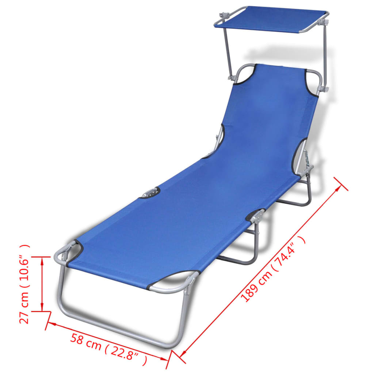 Eine blaue Liege mit Sonnendach. Maße: 189 cm (74,4 Zoll), 58 cm (22,8 Zoll) und 27 cm (10,6 Zoll).