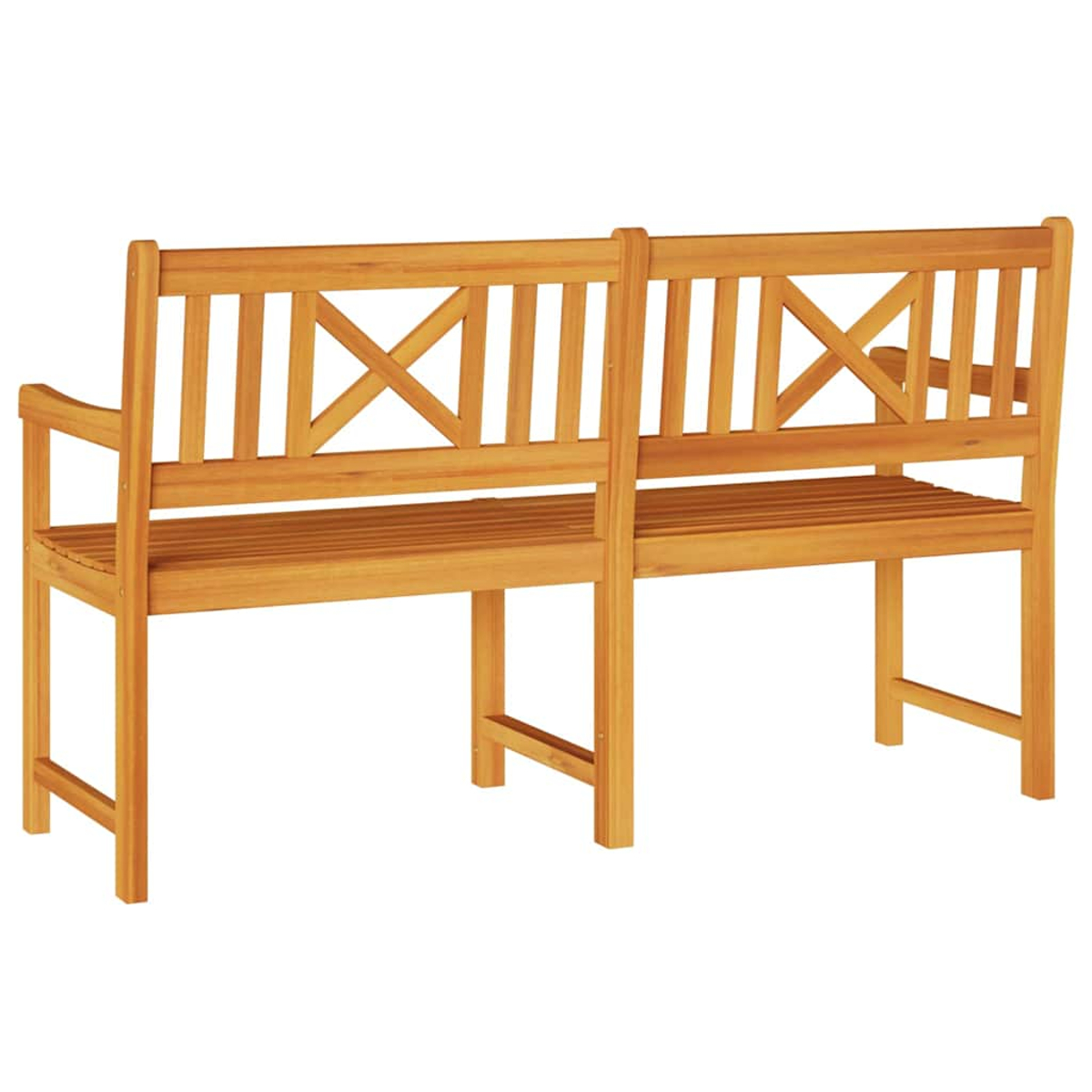 Dos bancos de madera están uno al lado del otro. Tienen asientos y respaldos de listones con X decorativas. Los bancos son marrones claros.
