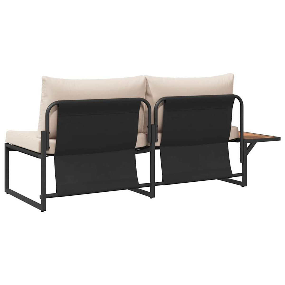 Zweisitziges Outdoor-Sofa mit schwarzem Metallrahmen, schwarzen Stofflehnen, beigen Kissen und einem hölzernen Beistelltisch.